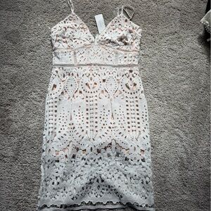 Just Me Nude Dress with White Lace